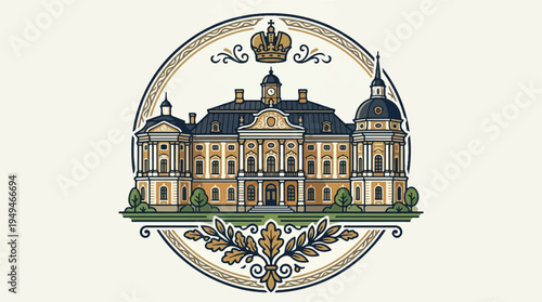 Elegant European Palace Illustration with Crown and Ornate Frame.