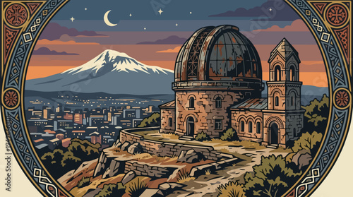 Ancient observatory dome atop a hill overlooking a city.