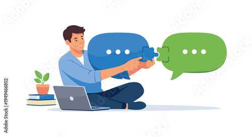 A remote professional maintaining clear communication with colleagues in a distributed team environment, visual metaphor of a person sitting beside an open laptop while connecting