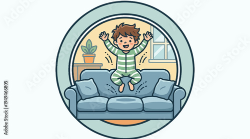 Energetic child joyfully jumping on a comfortable sofa.