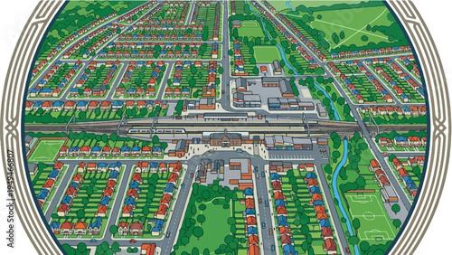 Detailed aerial view of a vibrant suburban town with houses streets and green spaces.