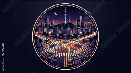 Vibrant Night Cityscape in a Circular Frame with Illuminated Streets and Skyscrapers.