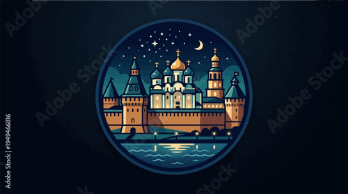 Ancient Russian Kremlin at night with illuminated domes and walls reflecting in water.