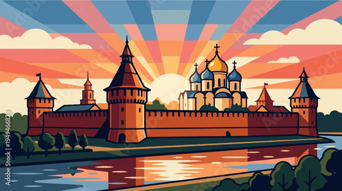 Ancient Russian Kremlin fortress with towering walls and goldendomed cathedrals.