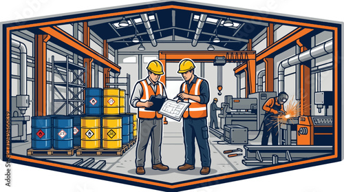 Two male industrial workers reviewing blueprints in a factory setting.