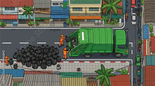 Garbage truck and sanitation workers collecting trash bags on a city street.