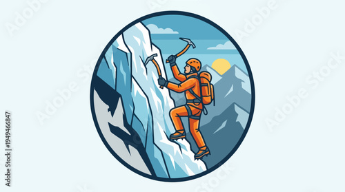 Mountain climber ascending icy peak with ice axe and backpack.