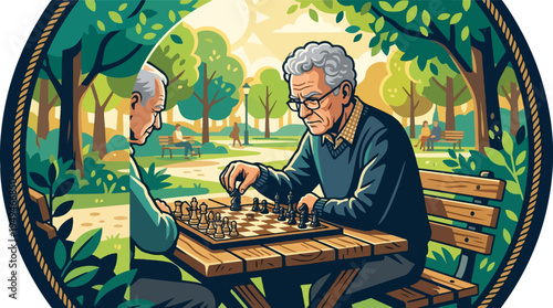Two elderly individuals engrossed in a game of chess outdoors.