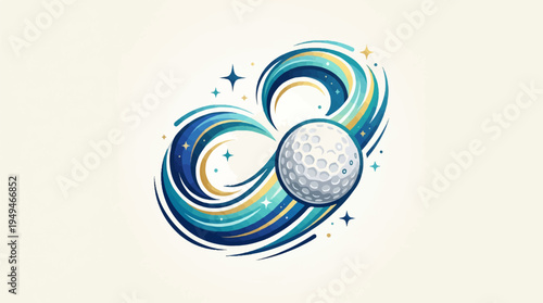 Dynamic golf ball in motion with abstract swirling trails.