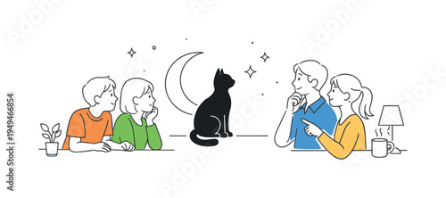 A mysterious pet themed illustration moment where a small group observes and appreciates the elegance of a cat as part of everyday animal companionship and home life, visual