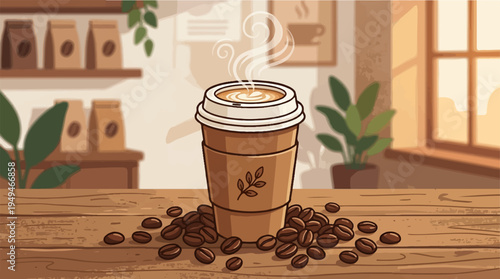 Steaming takeaway coffee cup with scattered roasted coffee beans.