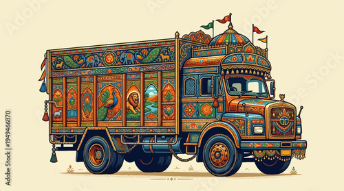 Vibrantly Decorated Pakistani Truck Art Illustration.
