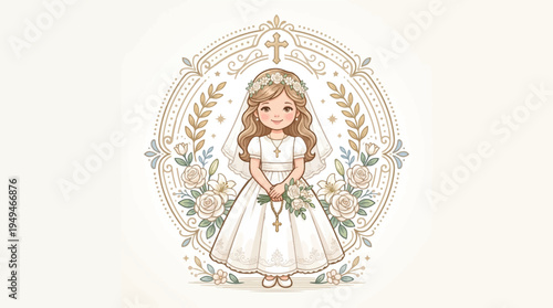 Cute little girl in white dress with flowers celebrating her First Communion surrounded by religious symbols.