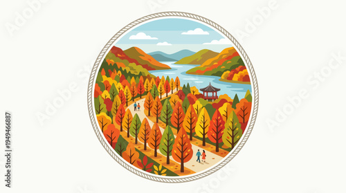 Vibrant Autumn Landscape with People Walking Amidst Colorful Trees and a Lakeside Gazebo.