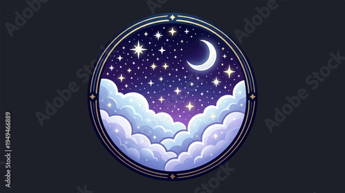 Dreamy Night Sky with Moon Stars and Clouds in a Circular Frame.