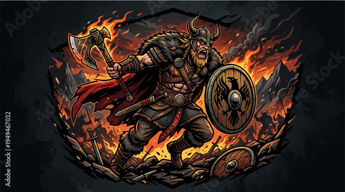 Fierce Viking Warrior in Battle Armor with Axe and Shield.