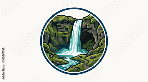 Majestic Waterfall Cascading Through Lush Green Landscape.