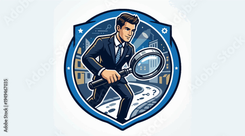 Detective in Suit Holding Magnifying Glass Investigating City Scene.