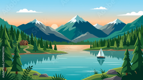 Sailboat on a serene lake surrounded by lush green forests and majestic mountains.