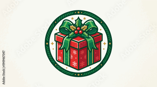 Festive Christmas Gift Box with Green Ribbon and Holly in a Circular Frame.