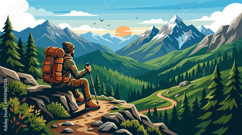 Hiker resting on a mountain trail enjoying the scenic view.