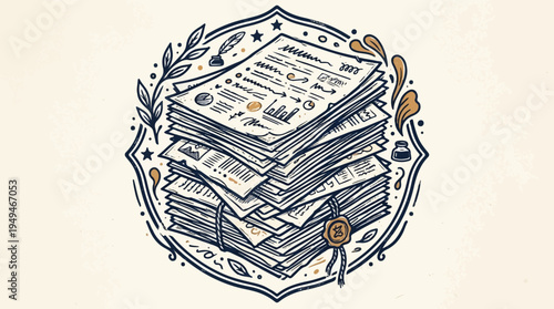Stack of Important Documents and Papers with Decorative Border.