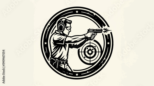 Man in profile wearing ear protection and safety glasses aiming a pistol at a target within a circular emblem depicting a shooting range activity.