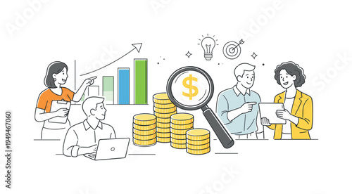A modern business finance growth scene where a diverse team evaluates company revenue and prepares investment decisions together in a professional environment, expressed through a