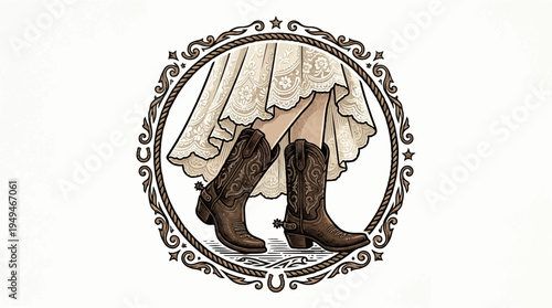 Woman in cowboy boots and a flowing dress within an ornate western frame.
