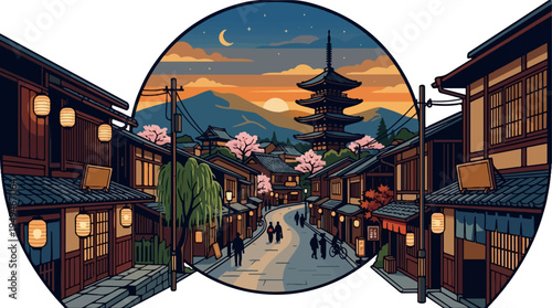 Traditional Japanese street scene with pagoda and cherry blossoms at dusk.