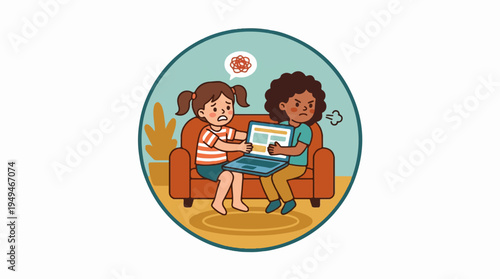 Two young girls sharing a book on a couch engaged in reading.