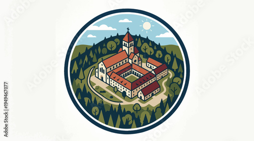 Historic European Monastery Complex Nestled in Lush Forest Landscape.