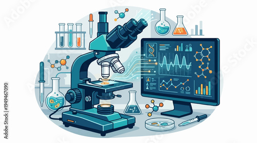 Microscope and computer monitor displaying scientific data in a laboratory setting.