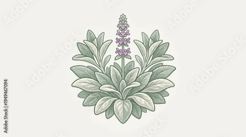 Botanical illustration of a flowering plant with lush foliage.