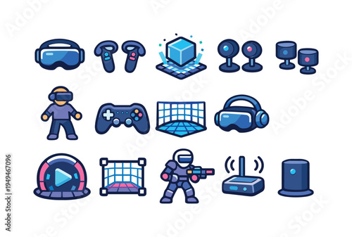 Virtual reality gaming: vr headset visor, handheld vr controllers, virtual cube hologram, motion tracking sensors, vr player standing, gaming controller pad, immersive grid space