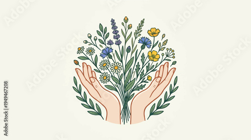 Hands holding a vibrant bouquet of wildflowers and green leaves.