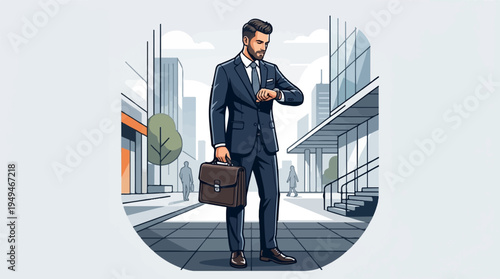 Professional businessman checking his wristwatch with a serious expression.