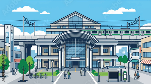 Modern Train Station Building with Elevated Tracks and Commuters.
