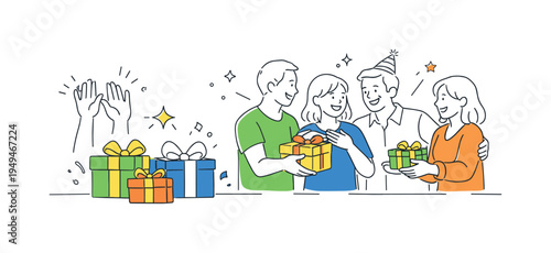 A joyful celebration moment where a small group gathers to exchange presents and share appreciation during a festive gathering with friends and family, visual metaphor of raised