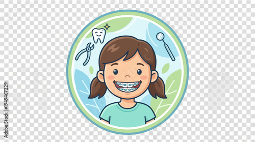 Happy Young Girl with Braces and Dental Tools Illustration.