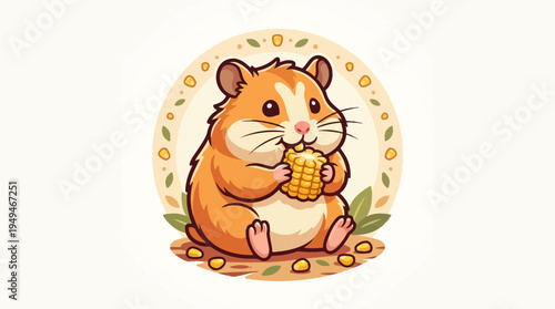 Cute cartoon hamster eating corn on the cob.