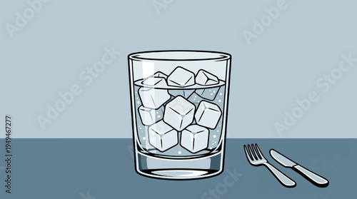Clear glass tumbler filled with refreshing ice cubes and water.