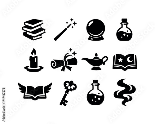 Fantasy wizard tower: floating books, magic wand, crystal orb, potion vial, candle, enchanted scroll, mystical lamp, spell book, magical smoke swirl, winged book, mystical key