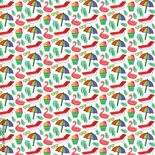 Colorful summer beach theme with flamingos and umbrellas pattern