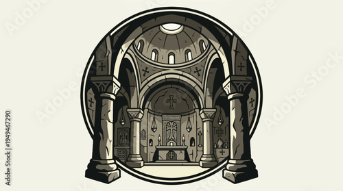 Ancient Church Interior with Arches and Dome in a Circular Frame.