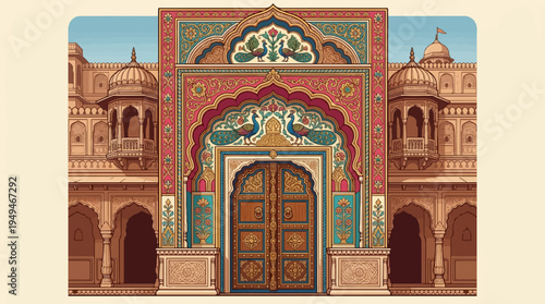 Intricate Indian Palace Gate with Ornate Carvings and Traditional Architecture.