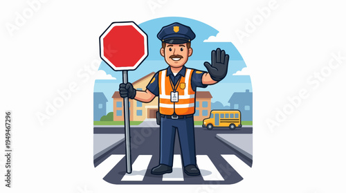 Traffic police officer holding stop sign at crosswalk.