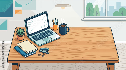 Laptop books and coffee mug on a wooden desk.