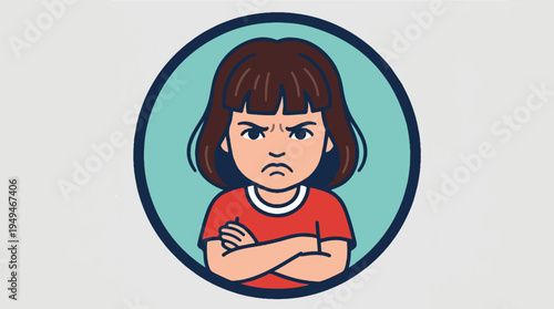 Angry little girl with crossed arms showing frustration.