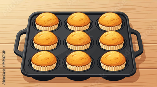 Freshly baked golden muffins in a black baking tray.